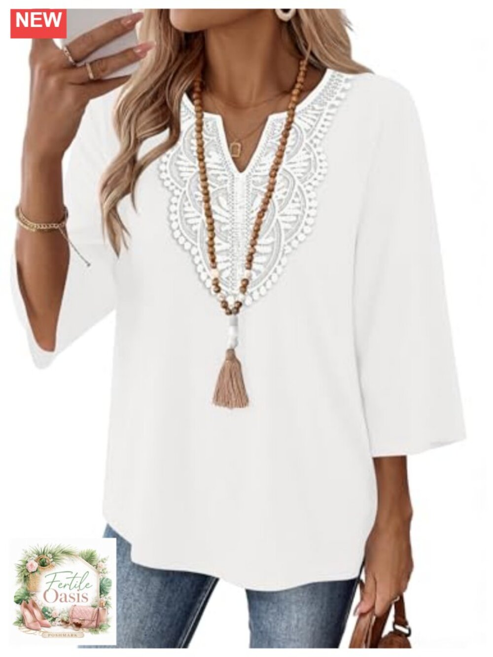 3/4 Sleeve V-Neck Lace Bohemian Blouse for Women, Casual & Dressy, Lightweight